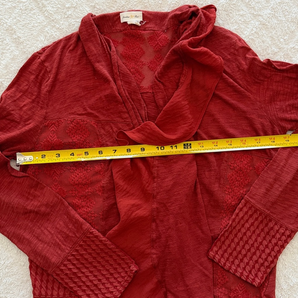 Meadow Rue Rust/Red Light Weight Open Front Patchwork Cardigan - Picture 6 of 10